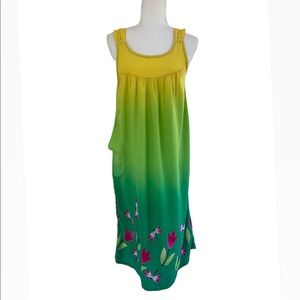 Dragonfly Floral Print Ombré Yellow Green Sleeveless Dress